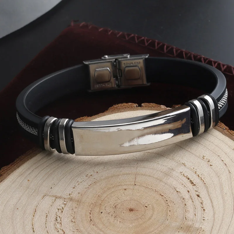 Trend Jewelry Stainless Steel Popcorn Chain Black Silicone Bracelet Classical Titanium Steel Rubber Cuff Bracelet for Men bracelet jewelry