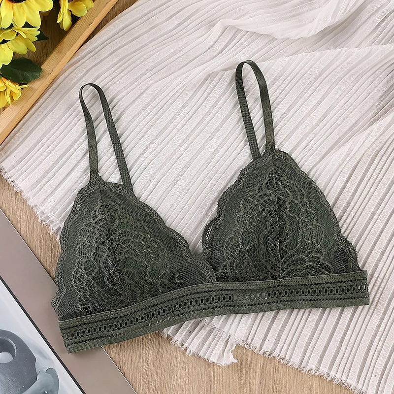 Women Lace Bralette Sexy Lingerie French Style Bra Triangle Cup Brassiere V-neck Solid Color Adjustable Underwear Padded Bra