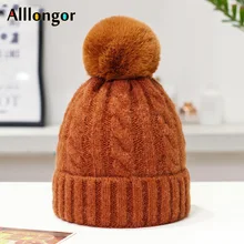 Женская вязаная шапочка, Зимняя коллекция года, женские шерстяные шапки gorro Babbit с меховым помпоном, черная шапка gorro feminino inverno