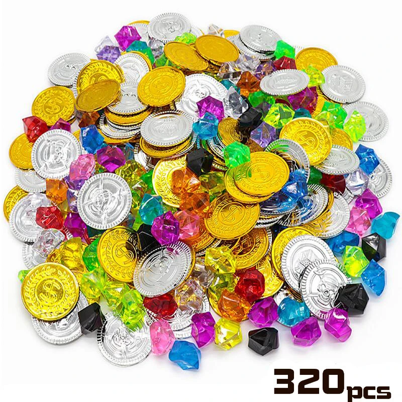 

100*Gold Coins+100*Fake Gems Jewelry Diamonds Treasure Jewels Kids Play Toys Kids Children Party Christmas Decoration Supplies
