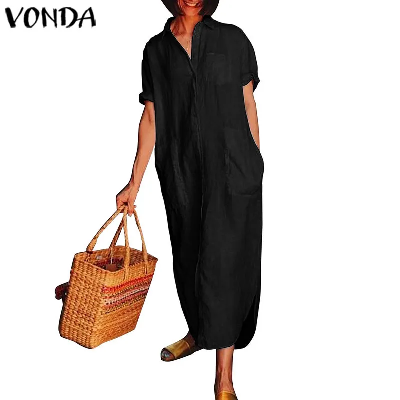 VONDA, платье размера плюс до середины икры, женские сексуальные вечерние платья-рубашки, летние женские повседневные свободные платья с отворотом на шее, Vestidos Femininas S-5XL