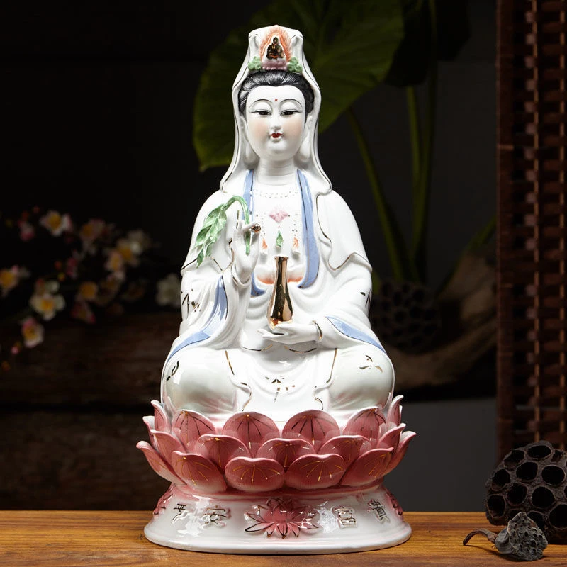 

10 12 inch Buddhist Ceramic Material Goddess of Wealth and Goddess of Mercy Decoration of South China Sea Guanyin Bodhisattva