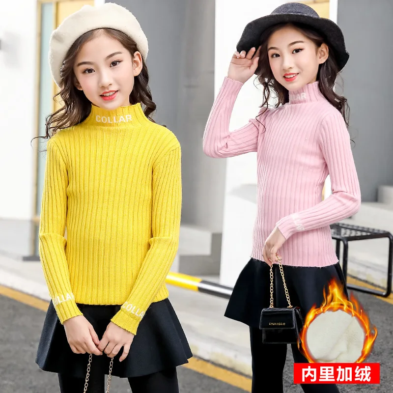 

Childrenswear plus Velvet Sweater Base Shirt Autumn And Winter 2019 Middle And Large Girls Versatile Half-Turtle-Neck Solid Colo