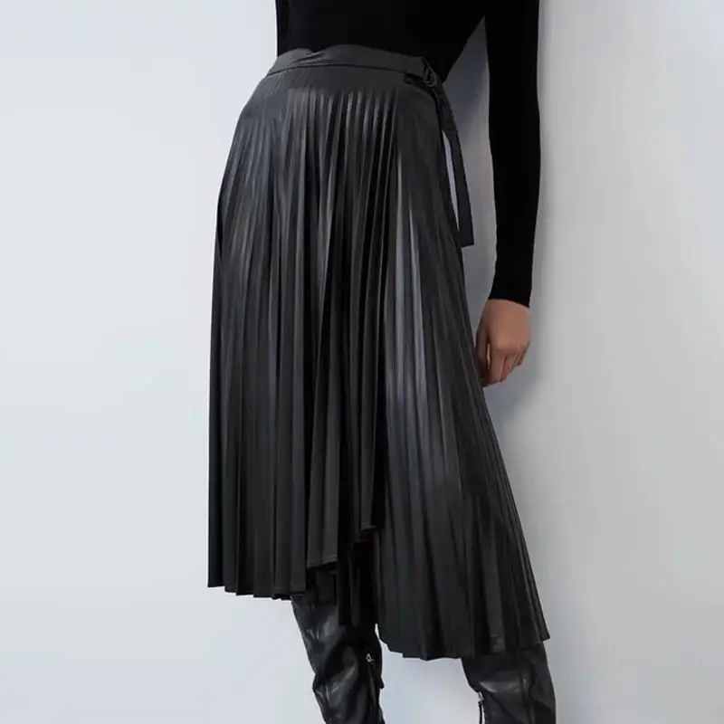 Черные женские юбки из искусственной кожи с высокой талией, шикарные юбки миди с бантом на осень и зиму, асимметричные плиссированные юбки из искусственной кожи