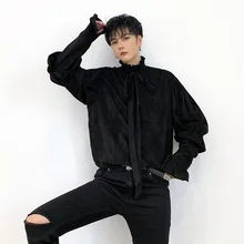 Мужской винтажный буф рукав галстук бабочка воротник Свободный Повседневный пуловер рубашка мужская женская уличная Готическая вечерние рубашки