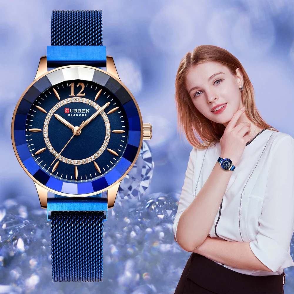 CURREN New Rhinestone Fashion Quartz Mesh Steel Watch for Women Causal Blue Ladies Watch bayan kol saati Classy Luxury Clock afbeelding