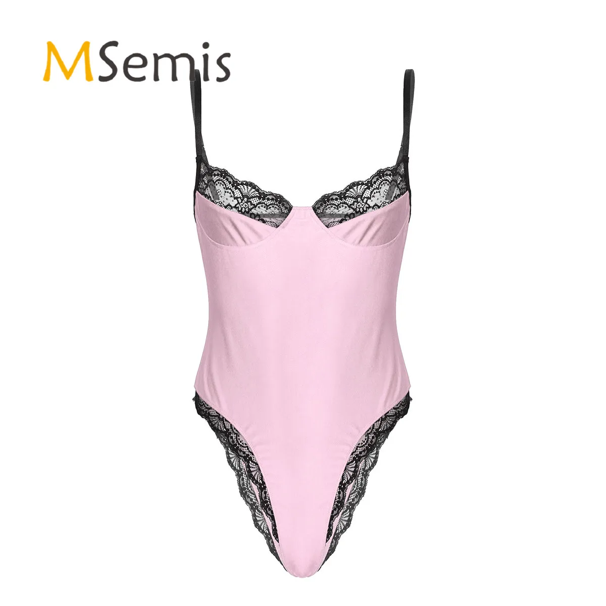 

Men Lace Trimming Bodycon Bodysuit Gay Jockstraps Lingerie Sissy Teddies Spaghetti Strap Sleeveless Unlined Wireless Bra Catsuit