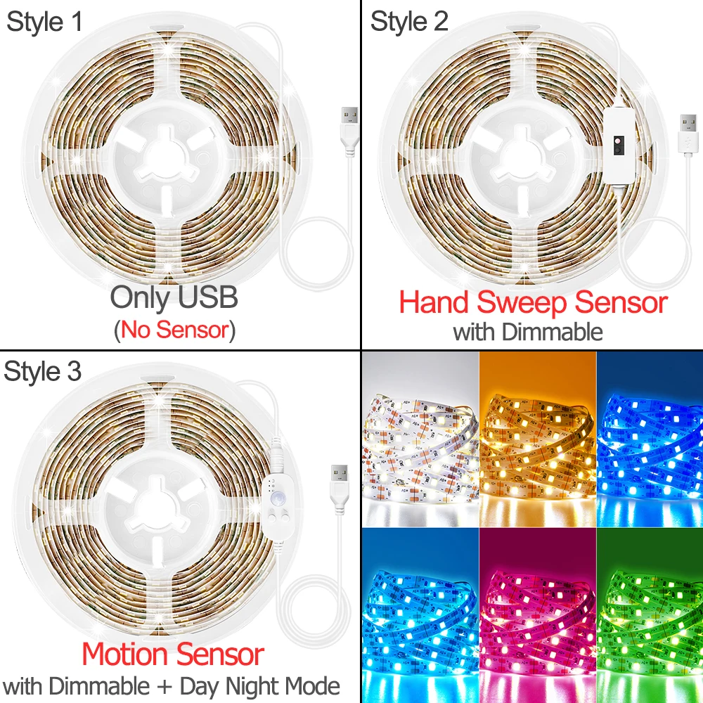 Motion Sensor LED Light Strip Hand Sweep Sensor Dimmable Tape Diode 1M - 5M USB DC 5V SMD 2835 TV Backlight Kitchen Night Lamp