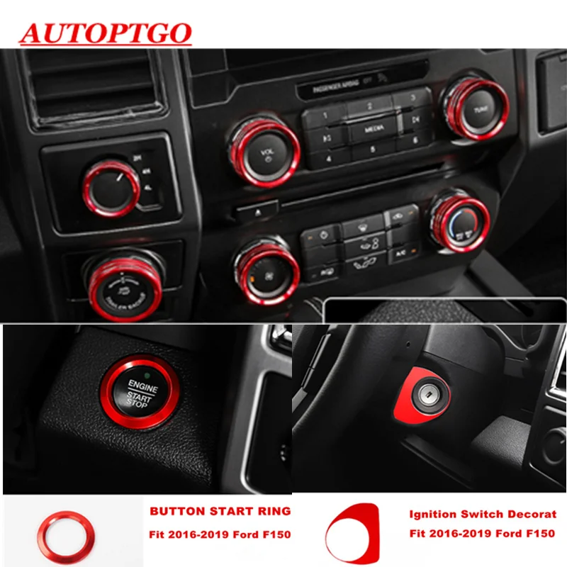 

For 2015-2019 Ford F150 Air Conditioning Audio Knob ignition Key Engine Start Stop Push Button Switch Styling Ring Cover Sticker