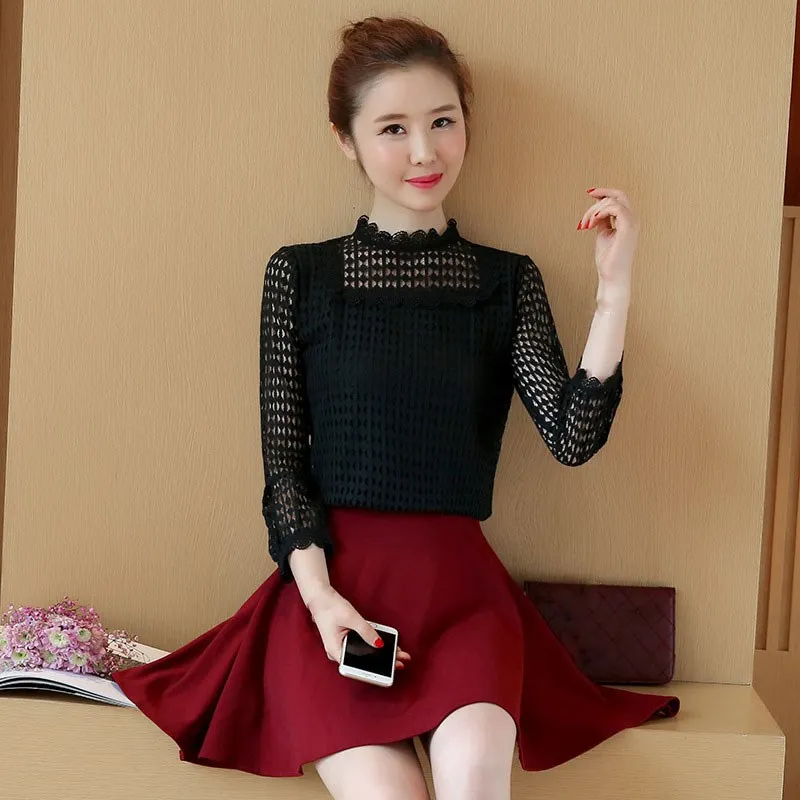 Nice Spring Summer Long Sleeve Women Lace Tops Solid Fashion O-Neck Sexy Blouse Shirts Women Hollow Out Vintage Blouses Nice Spring Summer Long Sleeve Women Lace Tops Solid Fashion O-Neck Sexy Blouse Shirts Women Hollow Out Vintage Blouses