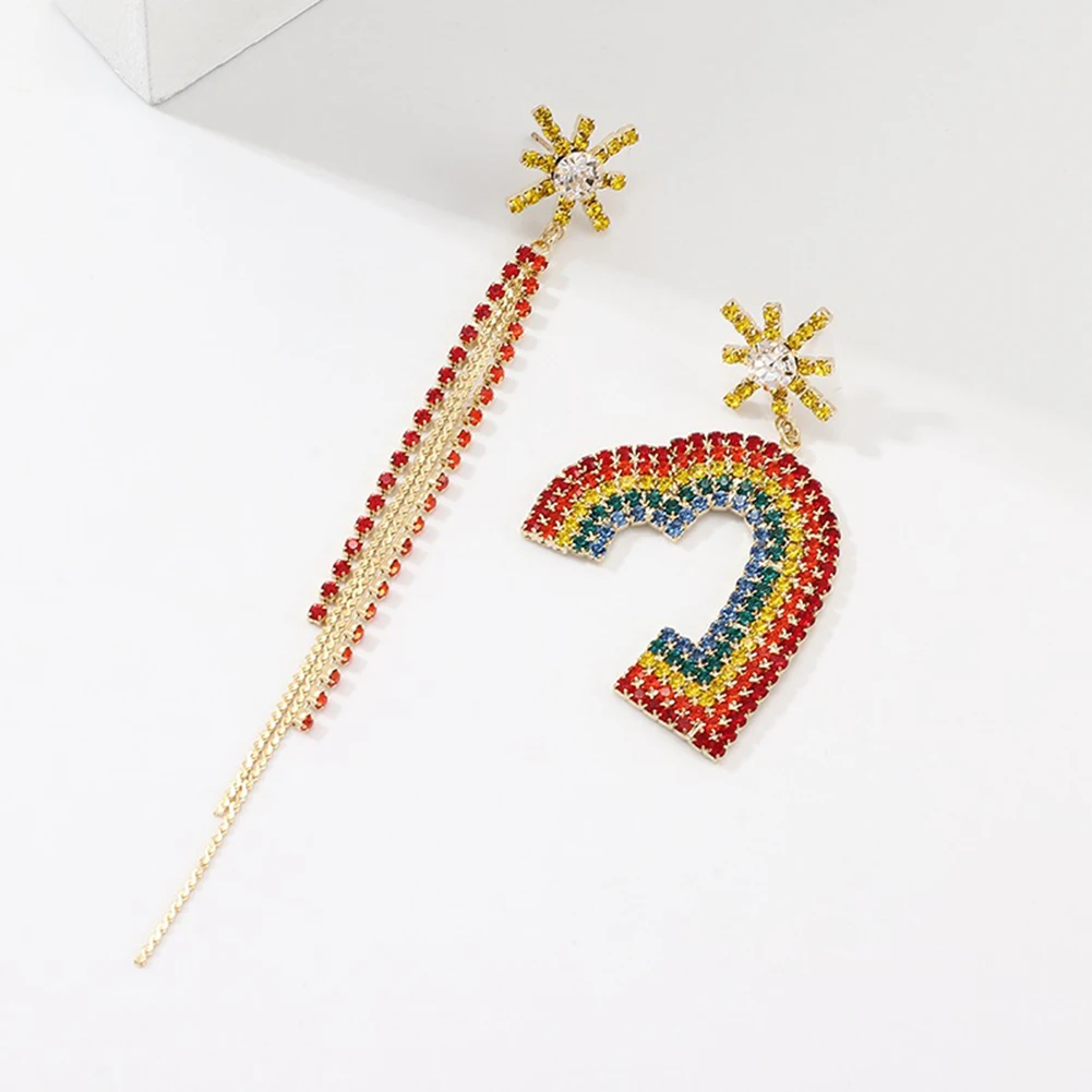 Minimalist Lady Rainbow Rhinestone Half Heart Long Tassel Drop Asymmetric Ear Stud Earrings Geometric Stud Earrings for Women Gi