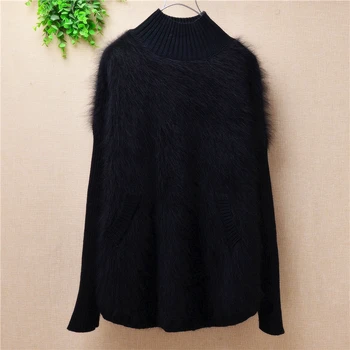 

women winter loose plush real mink cashmere turtleneck long sleeves pullover angora rabbit fur bottoming blouses black sweater