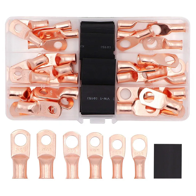 

60PCS 3/8" 5/16" Ring Bare Copper Crimp Butt Terminals Cable Electrical Wire Splice Connnectors Lugs Kit 2/4/6AWG