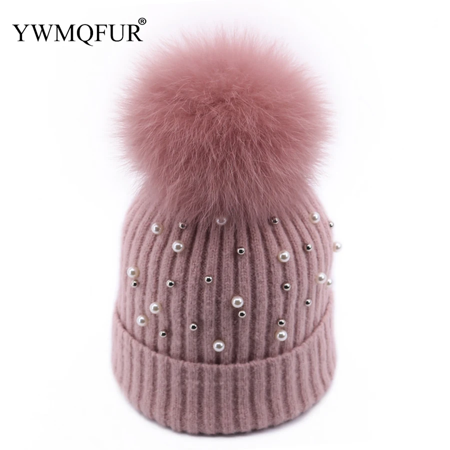 

Winter Women Knitted Pearl Skullies Hat Female Pulling Yarn Beanie Cap With Real Fox Fur Pompom Gorro Ski Girl Hats 2019 New