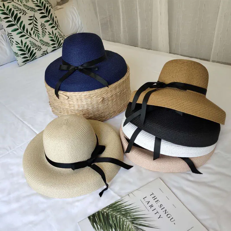 

Retro Ribbon Black Net Red Strawhat Topee Sun-resistant Holiday Seaside Beach Hat Children Summer Eaves Sun Hat