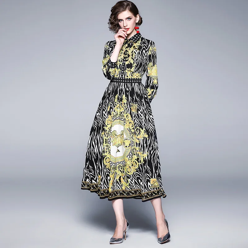 

Europe And America 2020 Spring New Style Nobility Elegant Unique Printed Three-quarter-length Sleeve Pleated Long Dress