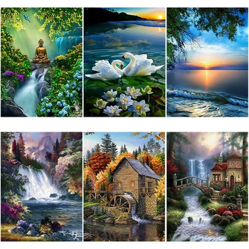 

DIY House 5D Diamond Painting Landscape Diamond Embroidery Full Round Dirll Waterfall Cross Stitch Rhinestones Home Decor Gift