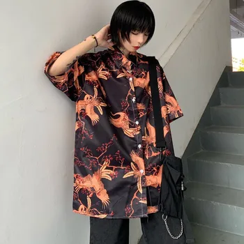 

Fashion Short Sleeve Shirt Casual Turn-down Collar Tops Women Blouses Gothic Style Printed Shirt