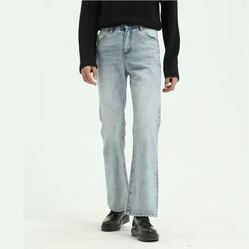 

New Male Japan Korea Style Vintage Denim Trousers Pant Men High Street Hip Hop Casual Hole Small Flare Jeans Pant