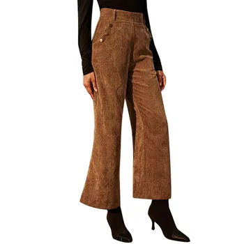

Women Pants Pure Color Broad Leg Corduroy With Pocket Casual Pants Trousers Push Up Fashion Pants High Waisted #35