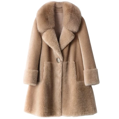 Осень Зима Новая женская куртка с натуральным овечьим мехом воротник из натурального Лисьего меха пальто женское длинное пальто уличная одежда - Цвет: 1