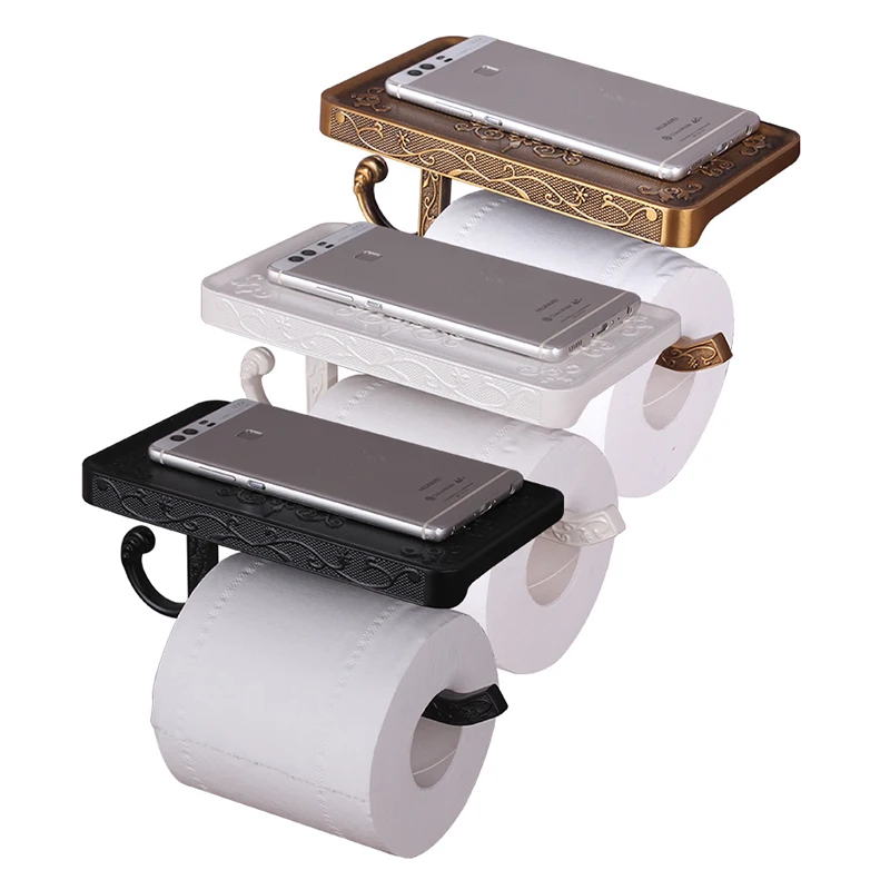Toilet Paper Holder With Phone Shelf Storage Wall Mounted Antique Carved Retro Bathroom Hardware Vintage Roll Towel Hanging Rack