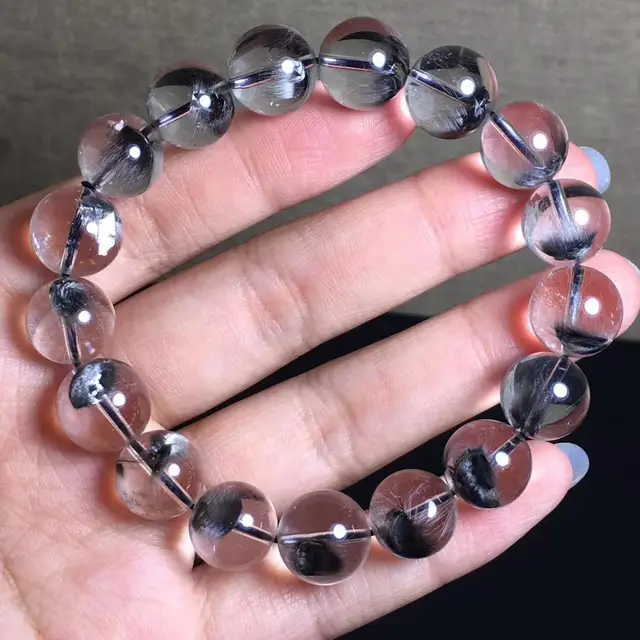 $US $343.00 Genuine Natural Brookite Silver Rutilated Quartz Clear Round Beads Bracelet 12.2mm Women Men Wealthy AAAAA