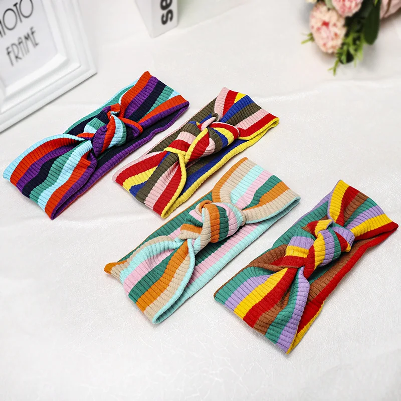 

New Rainbow Knot Headbands Turban For Women Girls Wide Stretch Woolen Knitted Striped Makeup Hairbands Hair Accessories Headwear