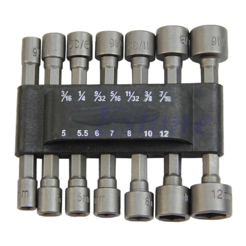 

Power Nut Driver Drill Bit Set SAE Metric Socket Wrench Screw 1/4"Hex Shank 14Pc