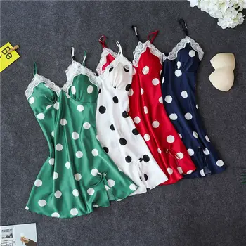 

Polka Dot Printing nightwear dress Ladies Sexy Big Size Sexy Satin Lace Nightdress Erotic Lingerie Love Lady Summer Nightwear