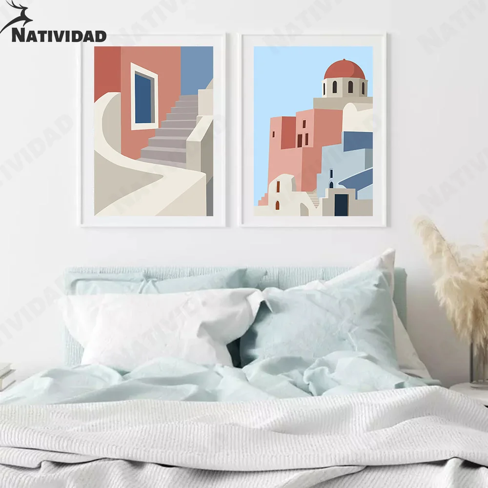 

Greece Santorini Canvas Painting Home Decor Nordic Geometric Wall Art Posters and Prints Minimalist Living Room Decoration