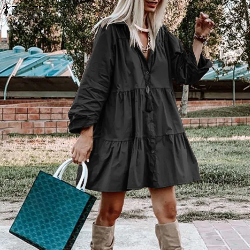 

Womens Autumn Mini Shirt Dress ZANZEA Casual Ruffle Dresses Female Solid Robe Femme Elegant Lapel Loose Vestidos Oversized S-5XL