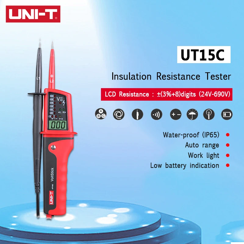 

UNI-T UT15C Auto Range Waterproof Digital Voltage Meter 24V~690V AC/DC Voltage Testers LCD Display Phase Rotation Voltage Tester