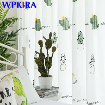 

Nordic Green Prickly Pear Embroidered Semi-shading Curtain for Bedroom Window Drapes Cotton Linen White Children Curtain M176D3
