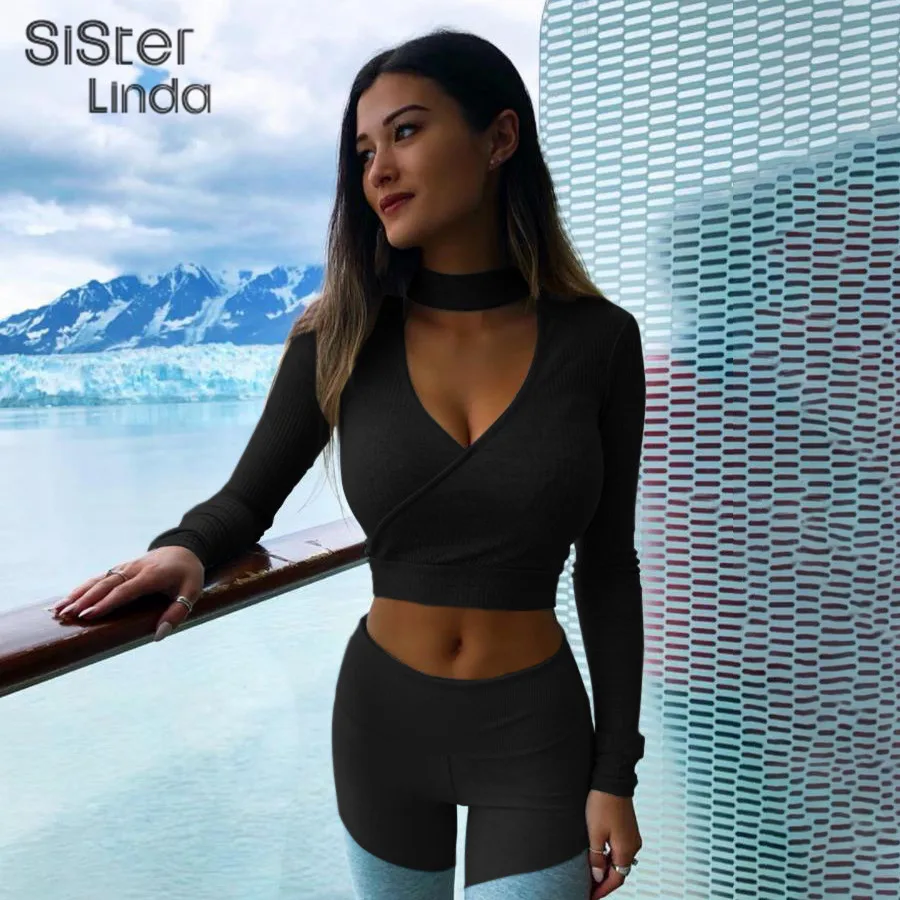 

Sisterlinda Sexy Deep V Neck Sweater Women Pullover Harajuku Solid Crop top Fashion Slim elastic Sweatshirts 2019 New Hot Mujer