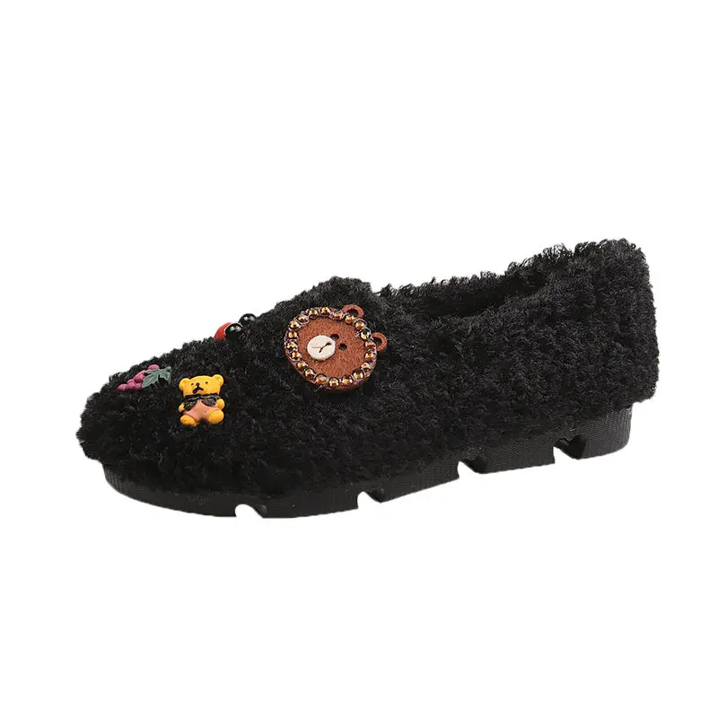 cute bear decoration fur flats women round toe anti-slip lamb wool loafers oxford winter shoes woman warl plush moccasins s532