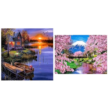 

2 Set Diy 5D Diamond Painting Round Diamond Home Decor - Flower and Mountain & Beautiful Lake and House