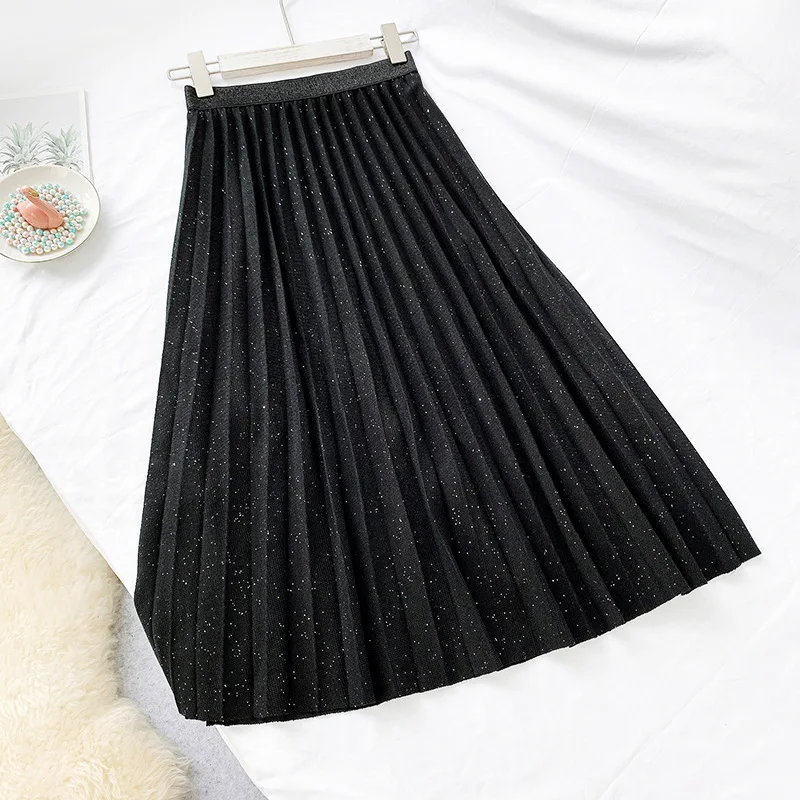 

DeRuiLaDy New Fall Fashion Knitting Women Skirt High Waist Golden Glitter Womens Casual Pleated Black Long Skirts