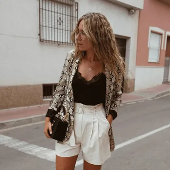 

2019 Autumn Winte Women Snake Print Long Sleeve Slim Fit Pockets Suit Coat Formal Business Work Party Long Blazer