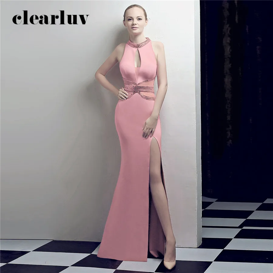 

Floor Length Prom Gown Halter See-Through Evening Dress DX374-2 Pink Sexy Split Mermaid Dress Plus Size Long Formal Party Gowns