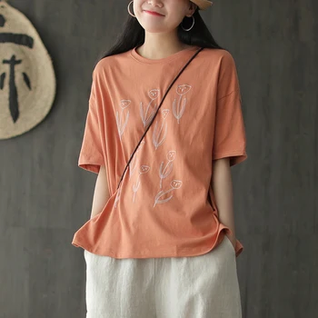 

Womens 100% Cotton Tops T Shirt Tees Big Loose Embroidery Print Sweet Cute Fashion Casual for Spring Summer AZ25171513