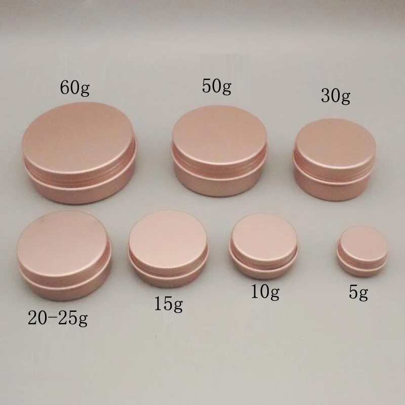 로즈 골드 빈 크림 알루미늄 항아리 5g 10g 60g 화장품 스킨 헤어 케어 에센셜 립 밤 향 금속 틴 컨테이너 50pcs
