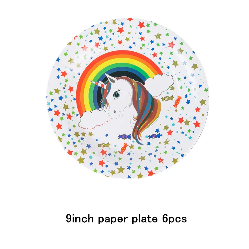 9 inch Plate-6pcs Вечерние украшения в виде единорога на день рождения, детские товары для вечеринок, бумажное украшение для свадьбы, соломинки, чашки для вечеринки, баннер, детский душ - Цвет: 9 inch Plate-6pcs