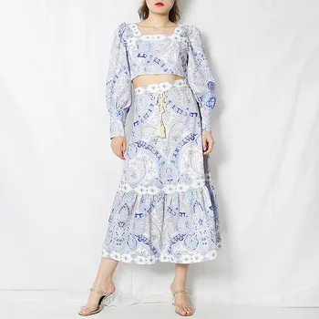 

2020Amazon Autumn New Niche Design Printed Lantern Sleeve Short Top + Long High Waist Skirt Suit