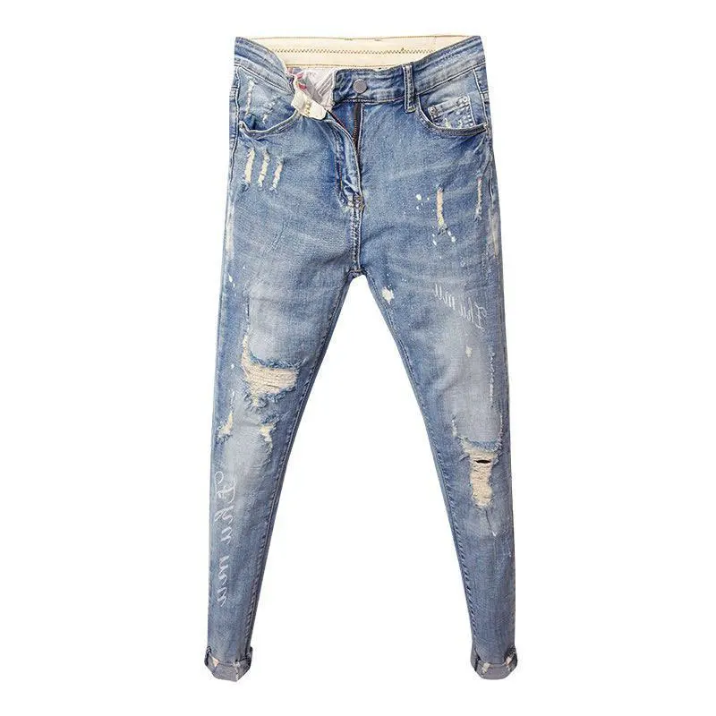 Wholesale 2020 Fashion Trendy men's spring and summer new Korean slim feet jeans men trend spirit guy ripped hole pencil pants | Мужская