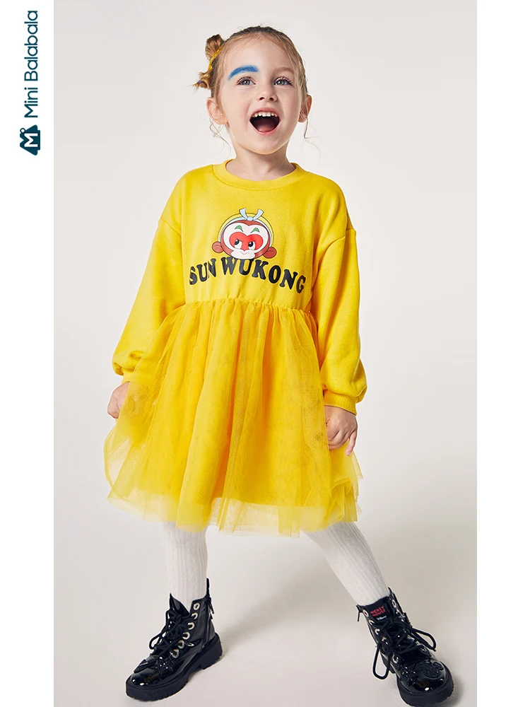 Minibalabala/Детское платье для девочек; коллекция года; Сезон Зима; Новинка; Qitian Dasheng; Сетчатое платье с принтом; Хлопковое платье с длинными рукавами