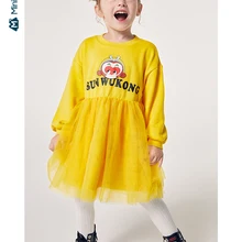 Minibalabala/Детское платье для девочек; коллекция года; Сезон Зима; Новинка; Qitian Dasheng; Сетчатое платье с принтом; Хлопковое платье с длинными рукавами