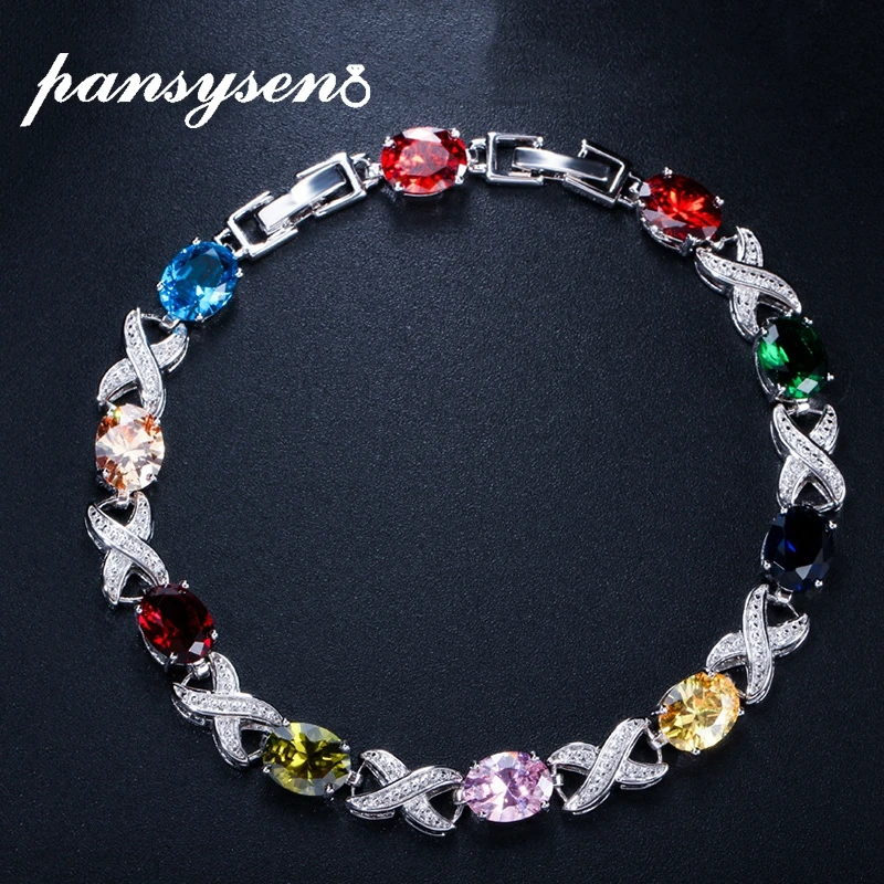 

PANSYSEN Brand Gorgeous White Gold Color Oval Topaz Wedding Jewelry Bracelet for Women Brides Silver 925 Charm Bracelets Gift