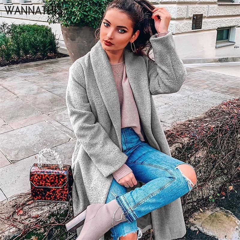 Wannathis шерстяное Женское пальто средней длины детская Повседневное Для женщин сплошное теплое тонкое шерстяное пальто с отложным кардиган, жакет с воротником Верхняя одежда зимние Костюмы
