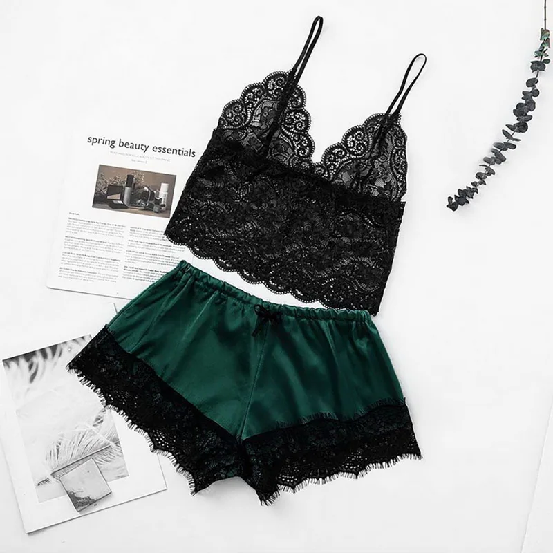 Women Sleep Wear Sexy Lingerie Satin Lace V-Neck Camisole Shorts Set Sleepwear Pijamas Women Sleeping Clothes Sleepwear Women
